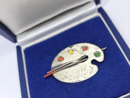 Vintage Silber 925 Brosche Malpalette mit Pinsel Emaille Rar