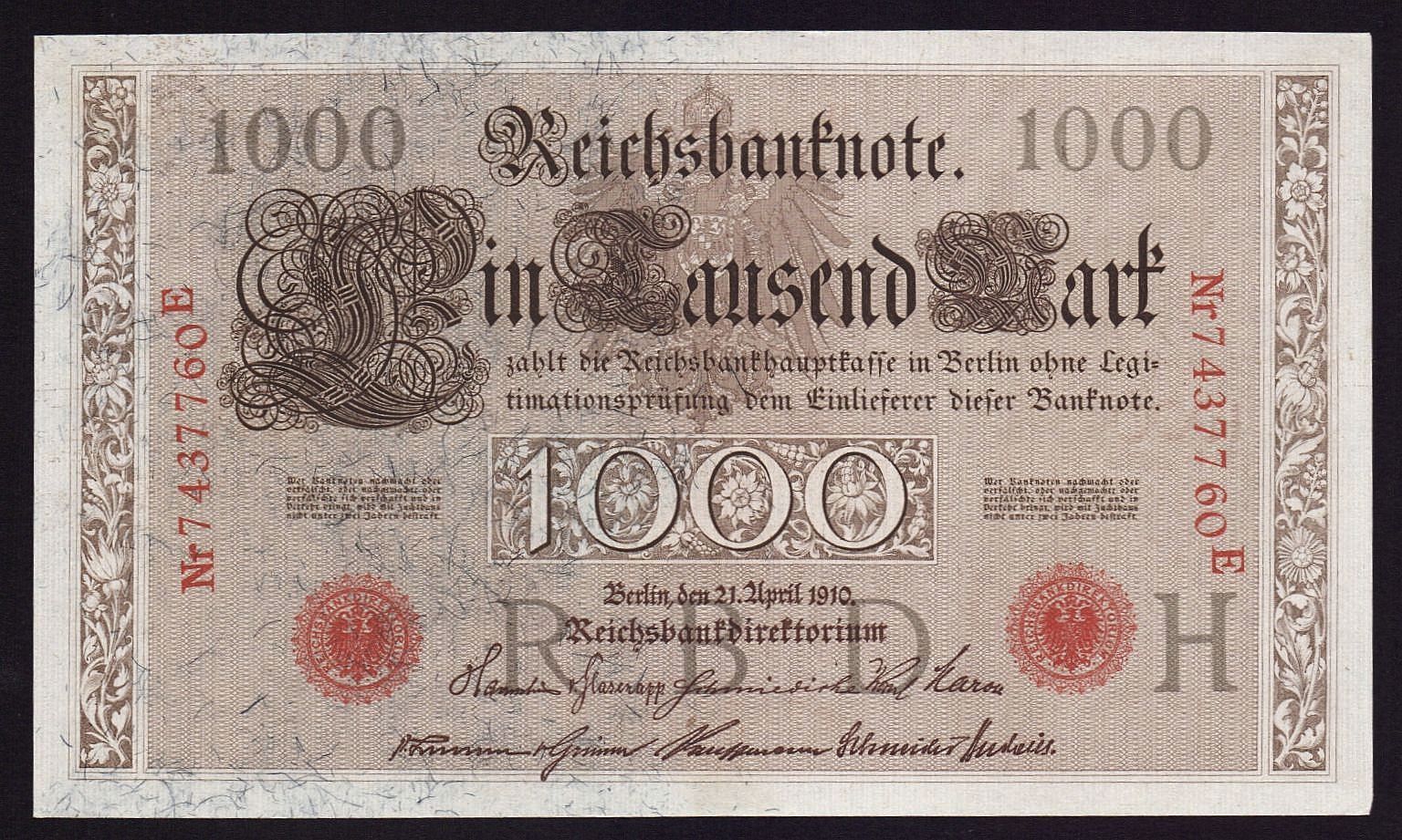 Banknoten: 1000 Mark 1910 UNZ – Neu (gemäss Beschreibung) aus Flamatt von samowarow 2