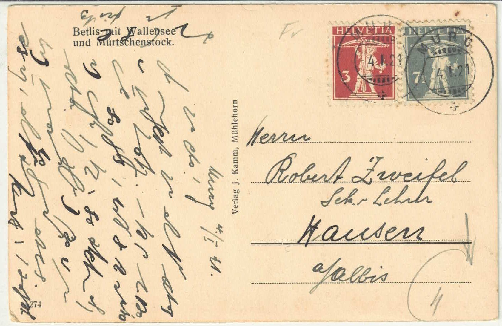 Cartoline postali: Betlis mit Wallensee und Mürtschenstock – Usato da Ettingen venduto da Kartenplanet 1