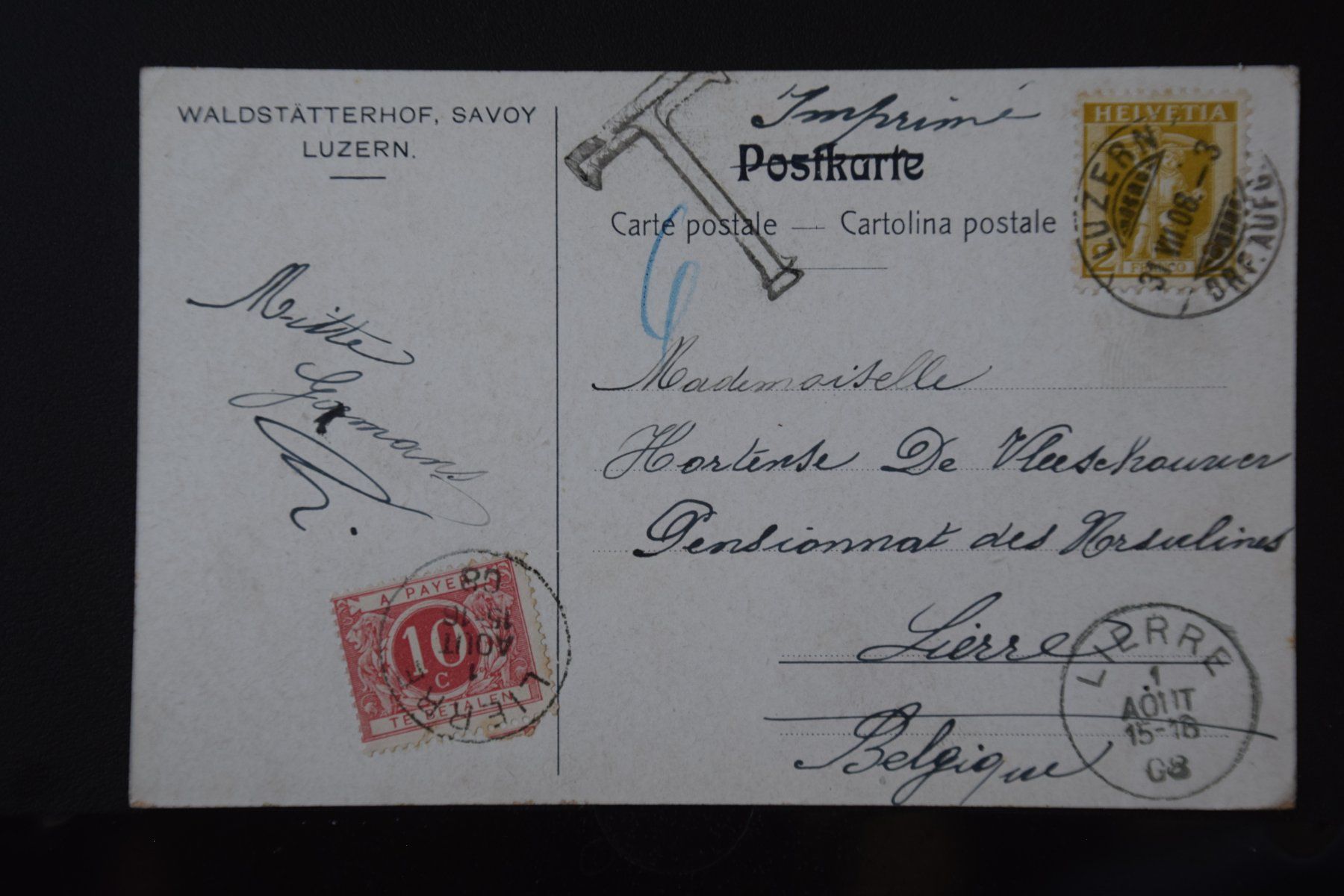 Cartoline postali: AK Luzern, Hotel Savoy 1908 – Usato da Luzern venduto da CH2018 1