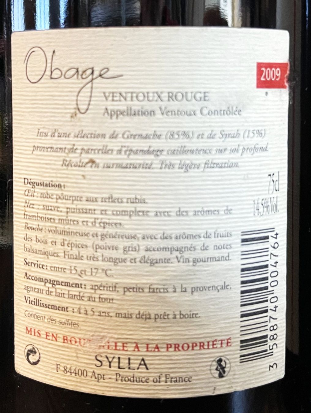 Vins: 2 x Obage – Ventoux Sylla 2009 – Neuf avec emballage d'origine à Oftringen par Vucki 2