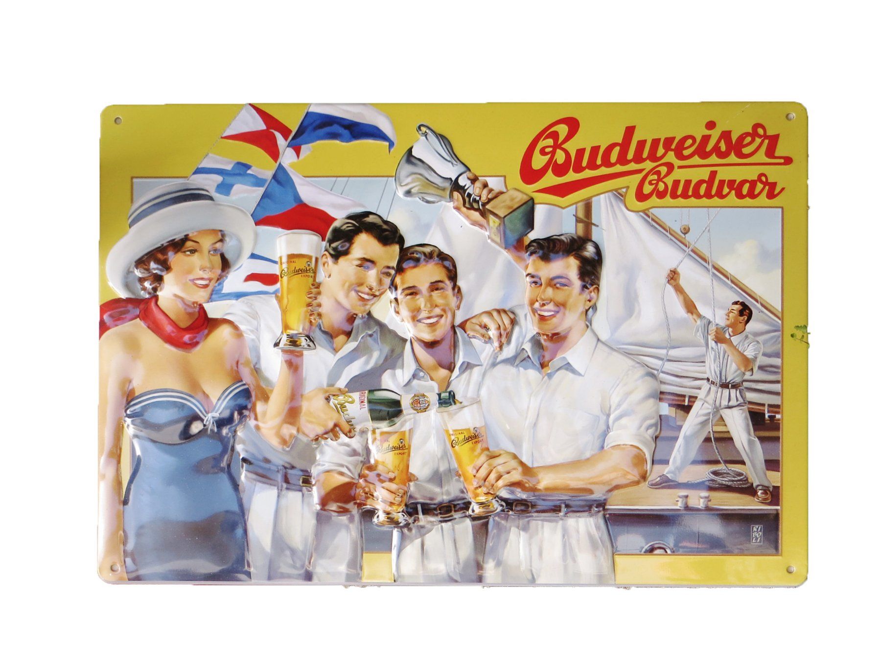 Budweiser Schilder: Budweiser - Budvar - Biere   geprägtes Blechschild – Neu und originalverpackt aus Bern von Ultimaa