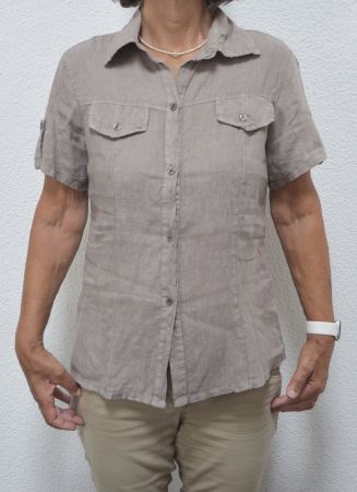 braune Kurzarm Damen Leinen Bluse / Hemd