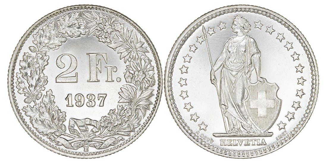 Alle Münzen: 2 Franken von 1937 (Stempelglanz) – Neu (gemäss Beschreibung) aus Schmidrüti von Jamesdeal