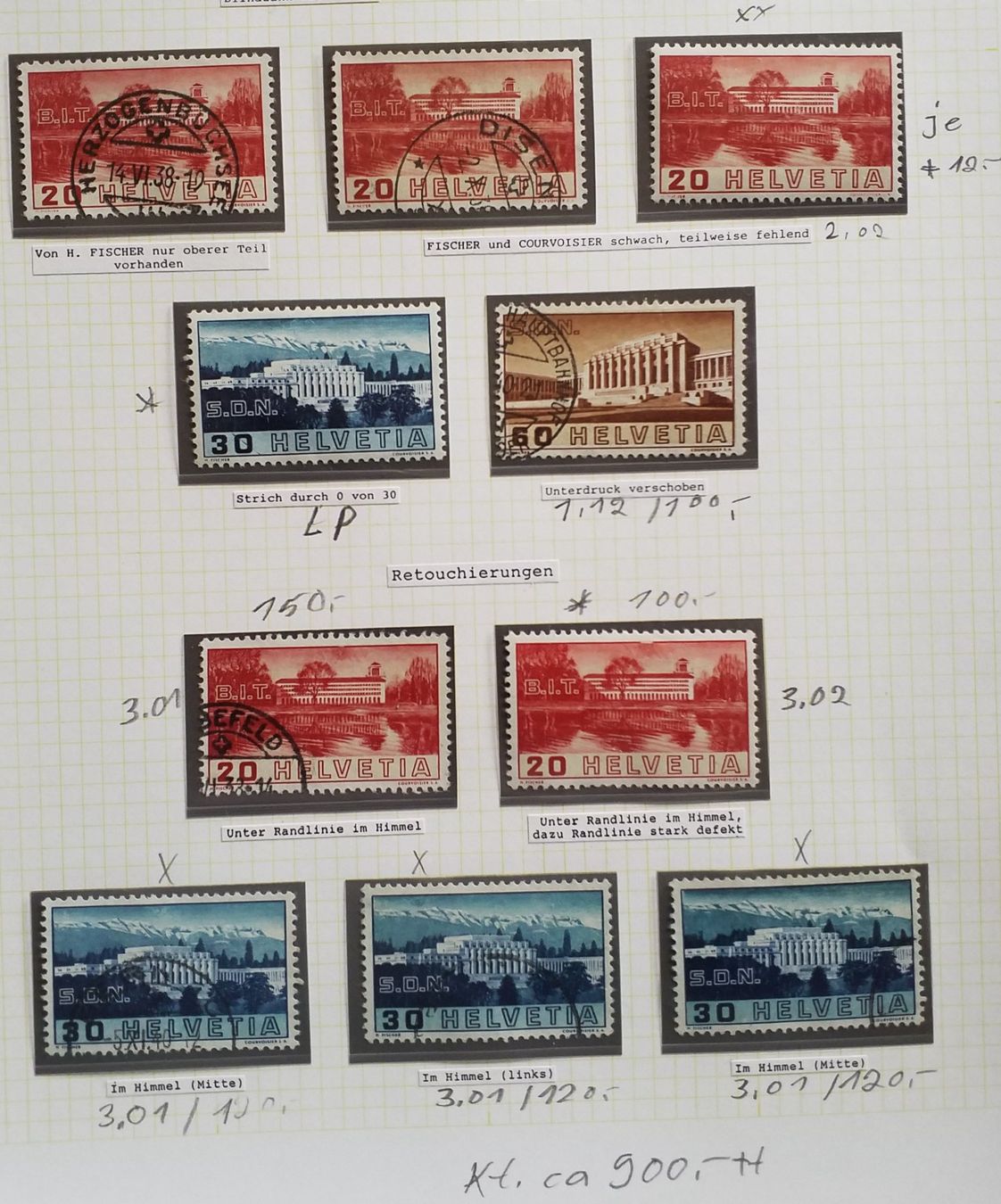 Tutti i francobolli: 211-13, Lot Abarten, Retouchen, Plattenfehler Kt. ca. 900.- – Nuovo (secondo la descrizione) da Baden venduto da Eggi