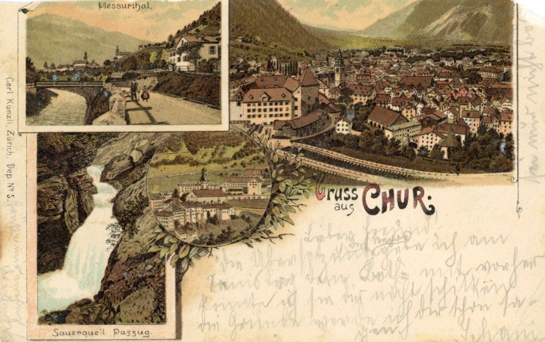 Cartoline postali: Chur  GR  mit Sauerquell Passug      um 1899 – Usato da Brig venduto da Valcards54