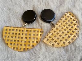 Vintage Top Plexiglas Bast Optik Ohrclips, 70er Jahre