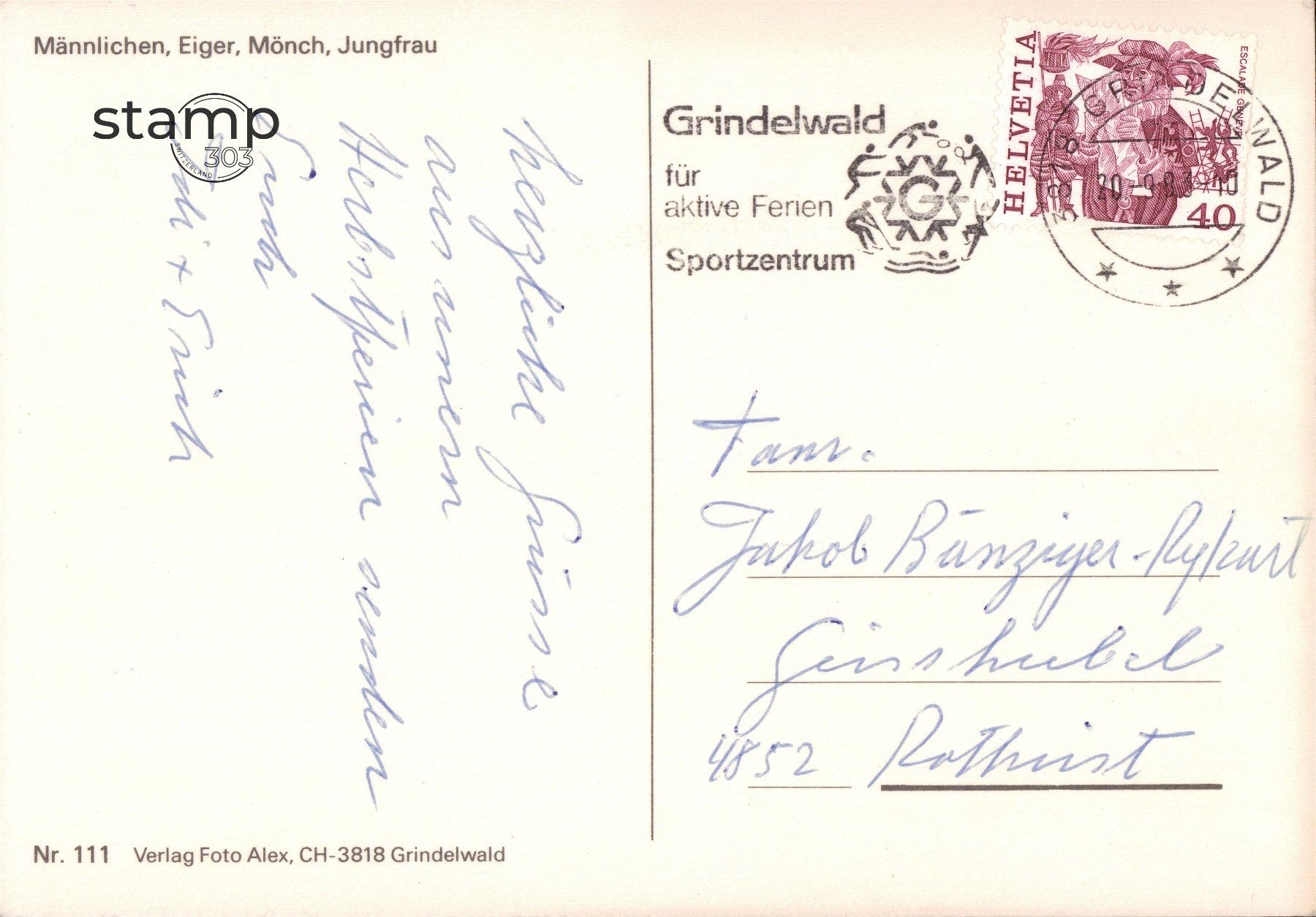 Cartoline postali: 1983 AK Männlichen, Eiger, Mönch, Jungfrau – Usato da Eggersriet venduto da stamp303 1