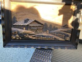 Signé C. hauser bois sculpté chalet montagne encadré