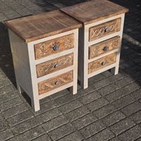 Nachtkästchen Holz 2 Stk. Schubladen mit Schnitzereien 