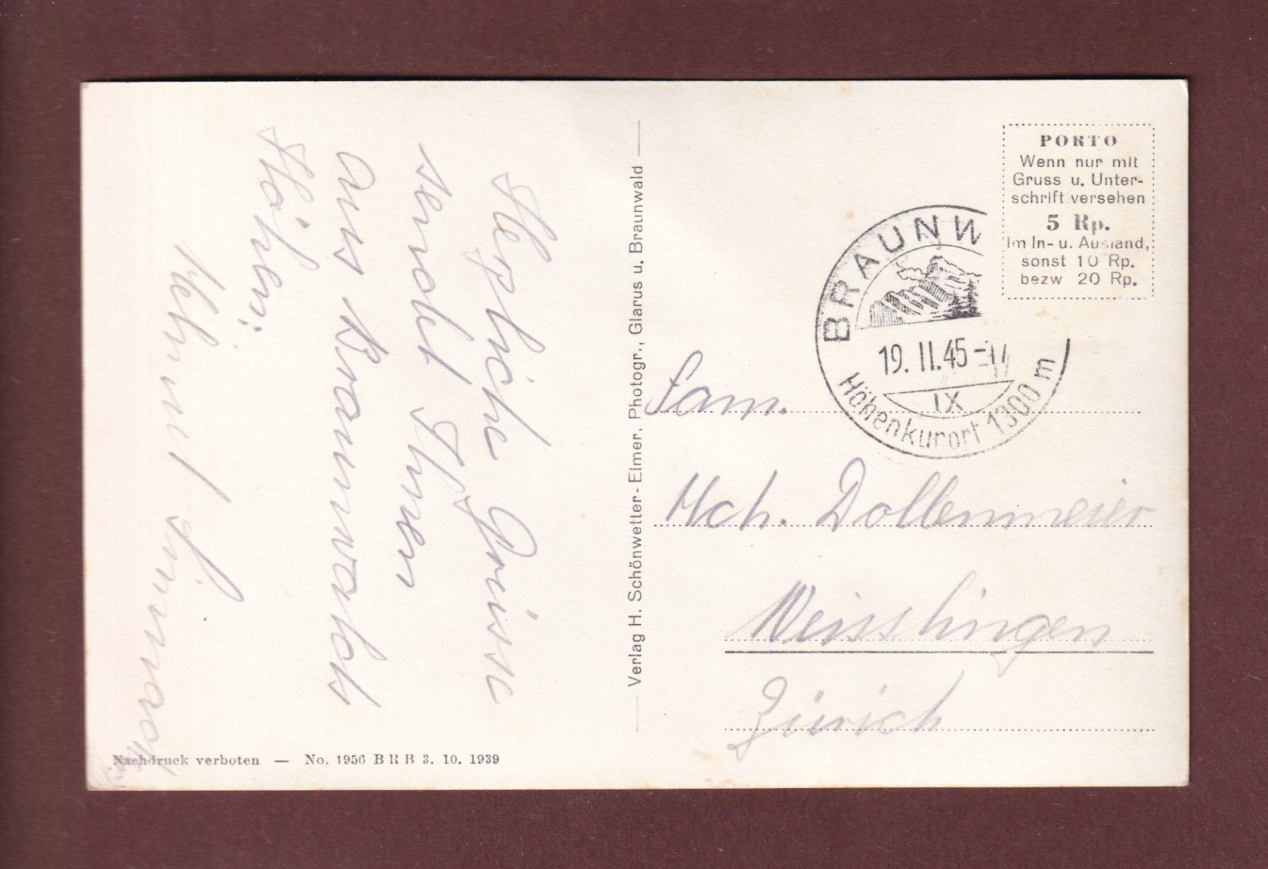 Cartoline postali: BRAUNWALD - Kirchli - 1945 – Usato da Pully venduto da nicecards-shop 1