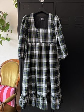 Green Plaid Dress - Puff Sleeves - Size S