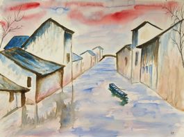 Aquarell: Flussdorf