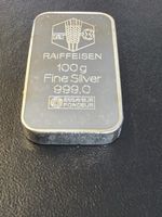 (511)Silberbarren Raiffeisen 100g 999.0 Feinsilber geprägt