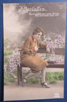 Romantische Vintage Postkarte, Frau "Verlassen" mit Spruch