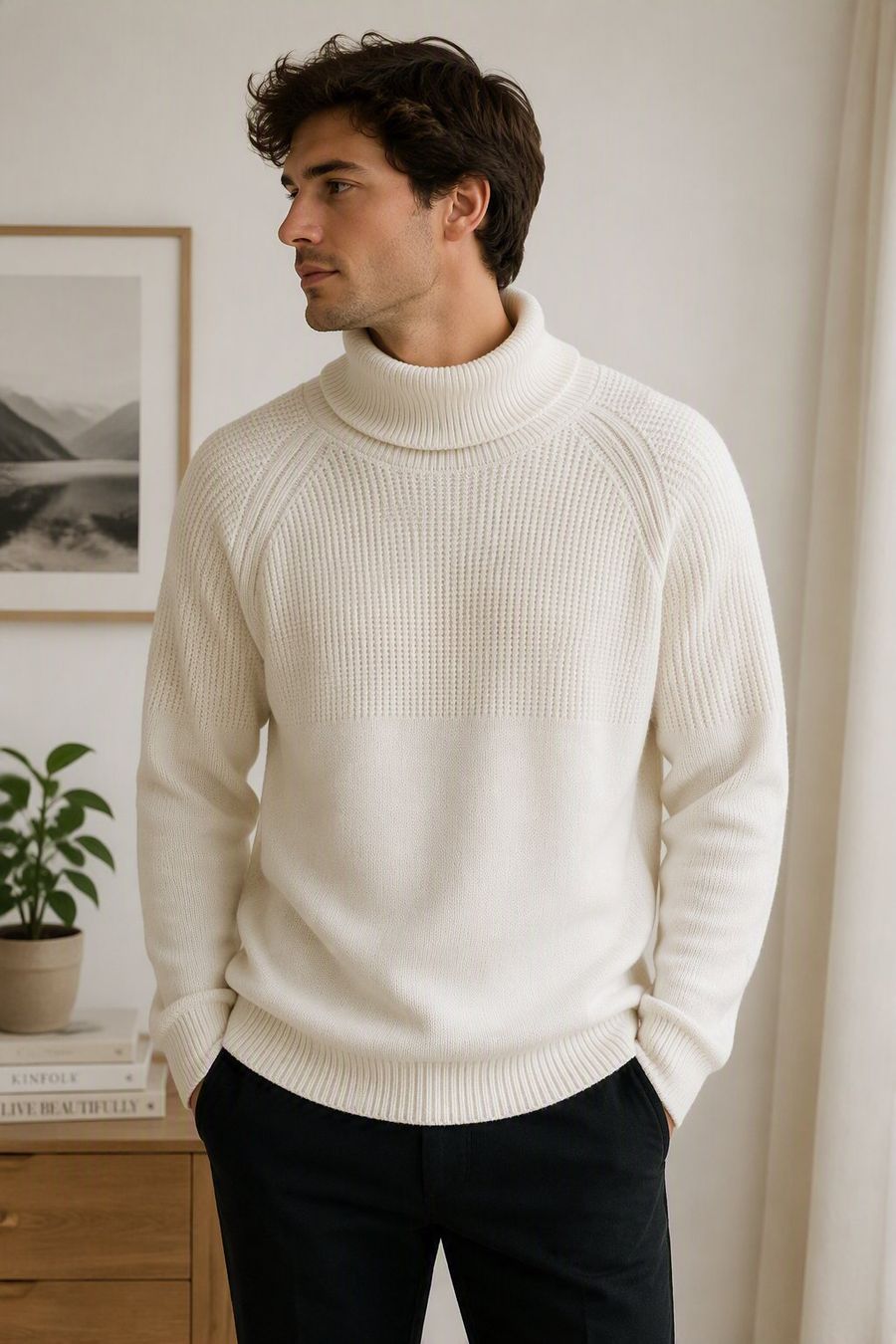 Maglioni & Felpe: Pull blanc à col roulé, maille texturée, bon état, taille L – Usato da Neuchâtel venduto da pie_8t6p
