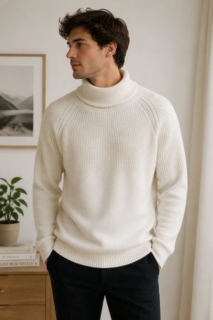 Pull blanc à col roulé, maille texturée, bon état, taille L