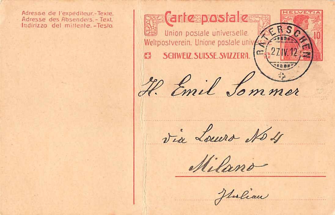 Tutti i francobolli: uralte Postkarte mit Stempel RÄTERSCHEN 27.4.1912 – Usato da Lufingen venduto da Rac0