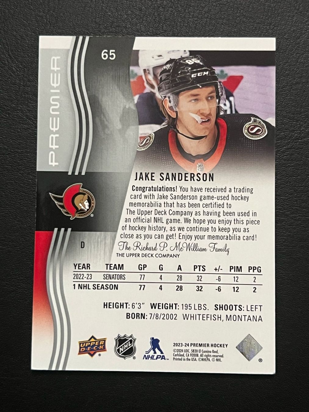 NHL Carte collezionabili: Jake Sanderson 2023 Premier Jersey Ottawa Senators – Nuovo (secondo la descrizione) da Möhlin venduto da SwissHockeyCards 1