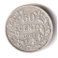 1907 Belgien 50 Cent Leopold II Silber, Belgium, gutes Jahr!