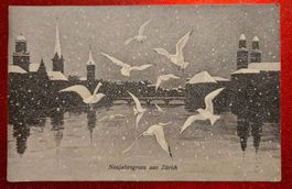 Zürich mit Schnee und Möwen Winter ca 1910