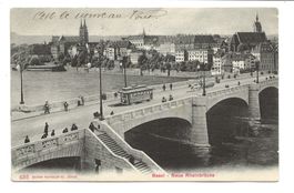 Basel - Stadt - Neue Rheinbrücke - Tram - belebt - 1906