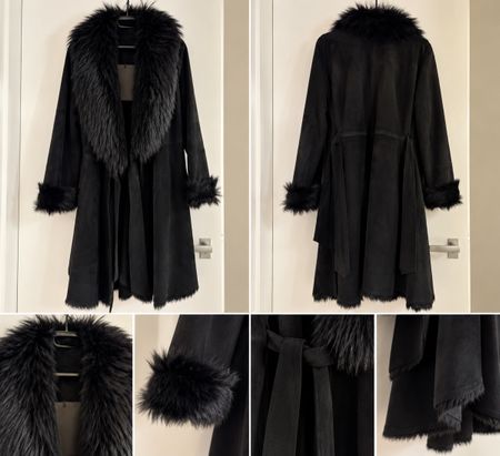 Eleganter schwarzer Damenmantel mit Fellkragen & Fellmansche
