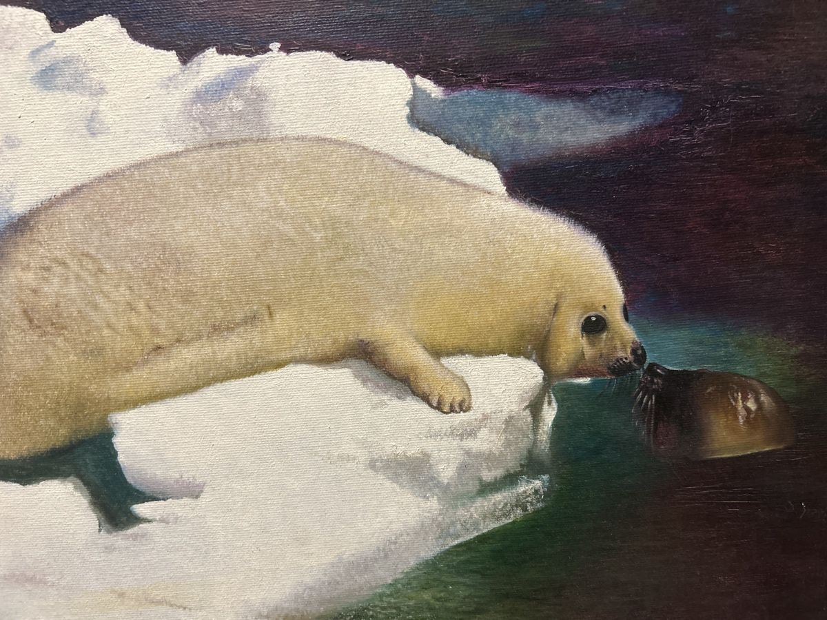 Gemälde: Ölgemälde, Robbe auf Eisscholle, Winterdeko, 40 x 50 cm – Gebraucht aus Glarus von KunstWerkEr-LS87 1