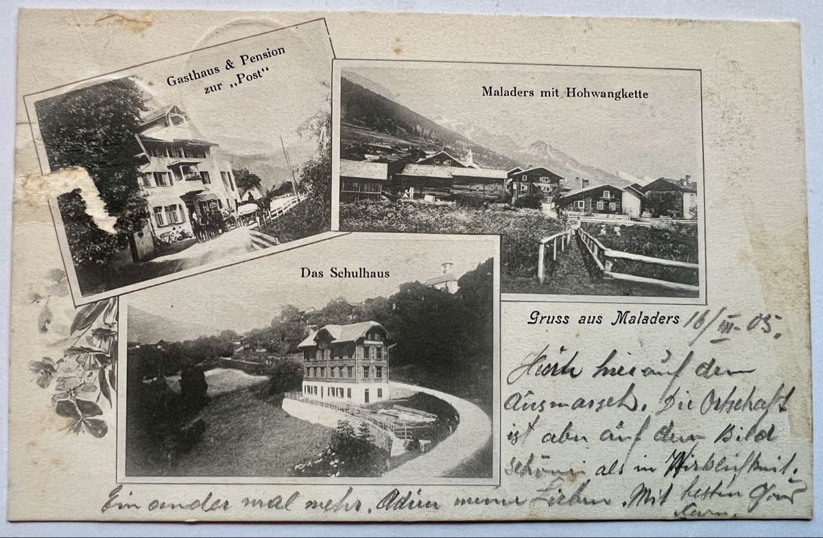 Cartoline postali: AK Maladers GR.1905  3 Bildrig mit Gasthaus Post ,Schulhaus. – Usato da Muotathal venduto da OttoK01
