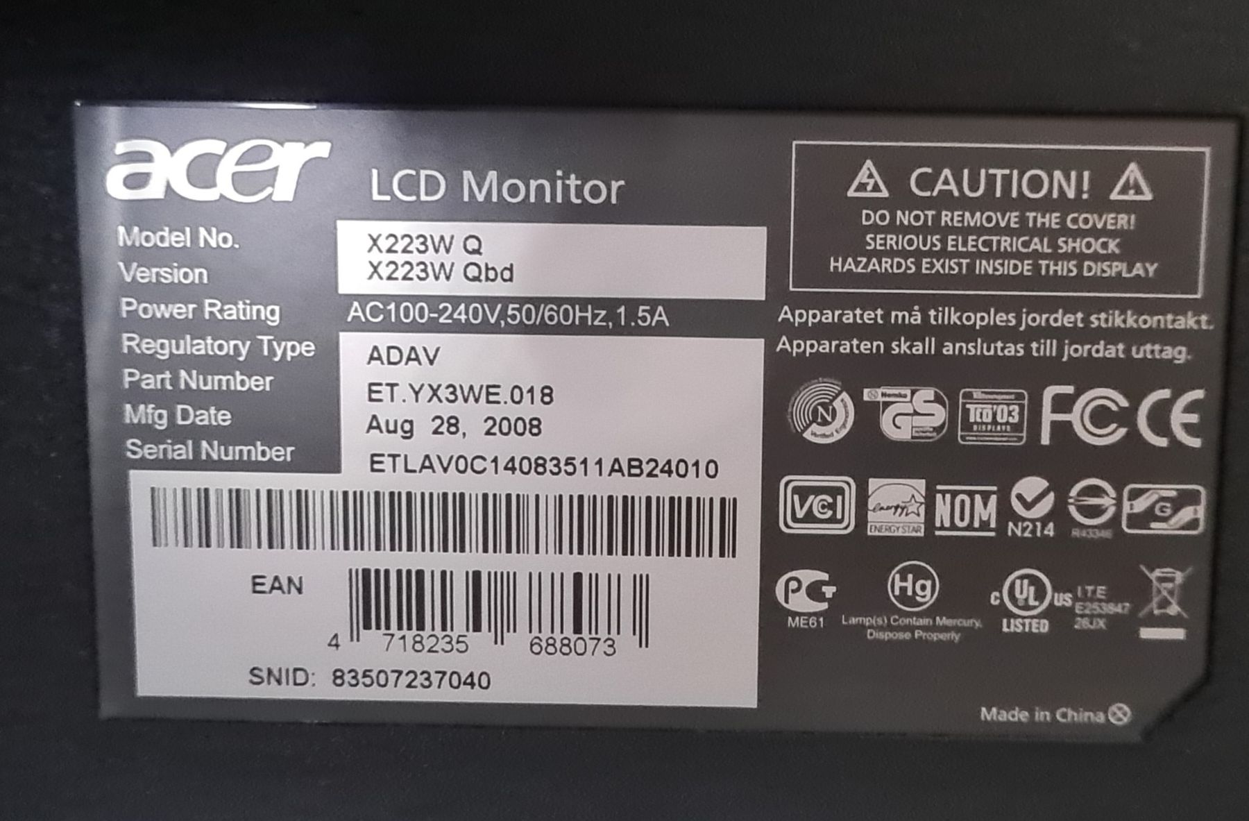 Monitor: Acer 22 zoll  – Usato da Nebikon venduto da Draga25 4