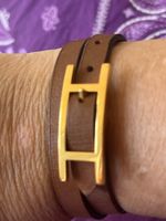 Bracelet HERMES cuir marron H doré double tour taille S