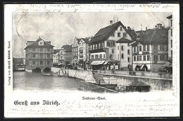AK Zürich, Teilansicht mit Rathaus-Quai