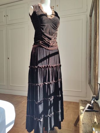 Y2K Dark Brown Velvet Maxi Skirt and Top Set Two Piece
