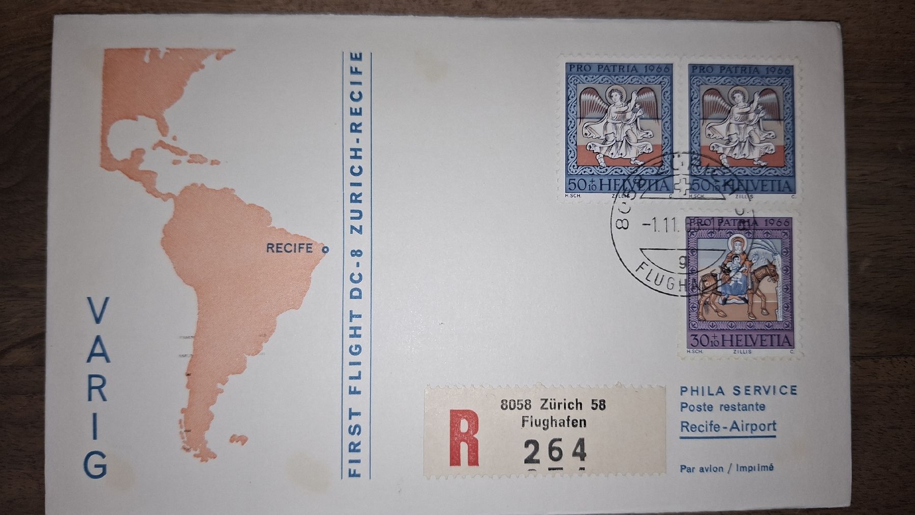 Tutti i francobolli: Varig Zürich - Recife 01.11.1966 – Usato da Balgach venduto da SIMEON27