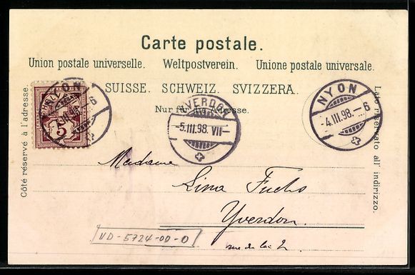 Cartoline postali: Litho Nyon, Schloss am See mit Segelboot – Usato da Berlin venduto da bartko-reher 1