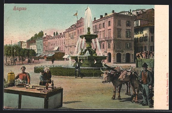 Ansichtskarten: Lugano, Ortspartie mit Brunnen und Mann  – Gebraucht aus Berlin von bartko-reher
