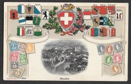 Moudon Prägekarte mit Wappen und Briefmarken
