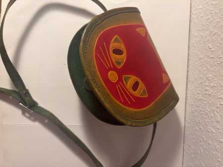 Vintage Kleine Ledertasche mit Katzenmotiv. Einzigartig!(H)