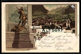 Lithographie Altdorf, Wilhelm Tell-Denkmal und Ortsansicht