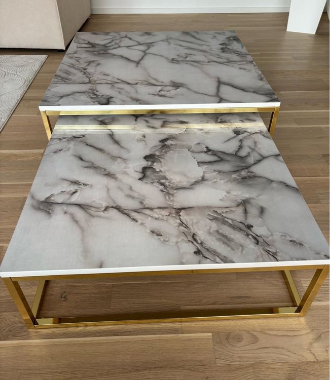 2er Set Marmor Beistelltische - Moderner Couchtisch Wohnzimmer 80x80x45cm