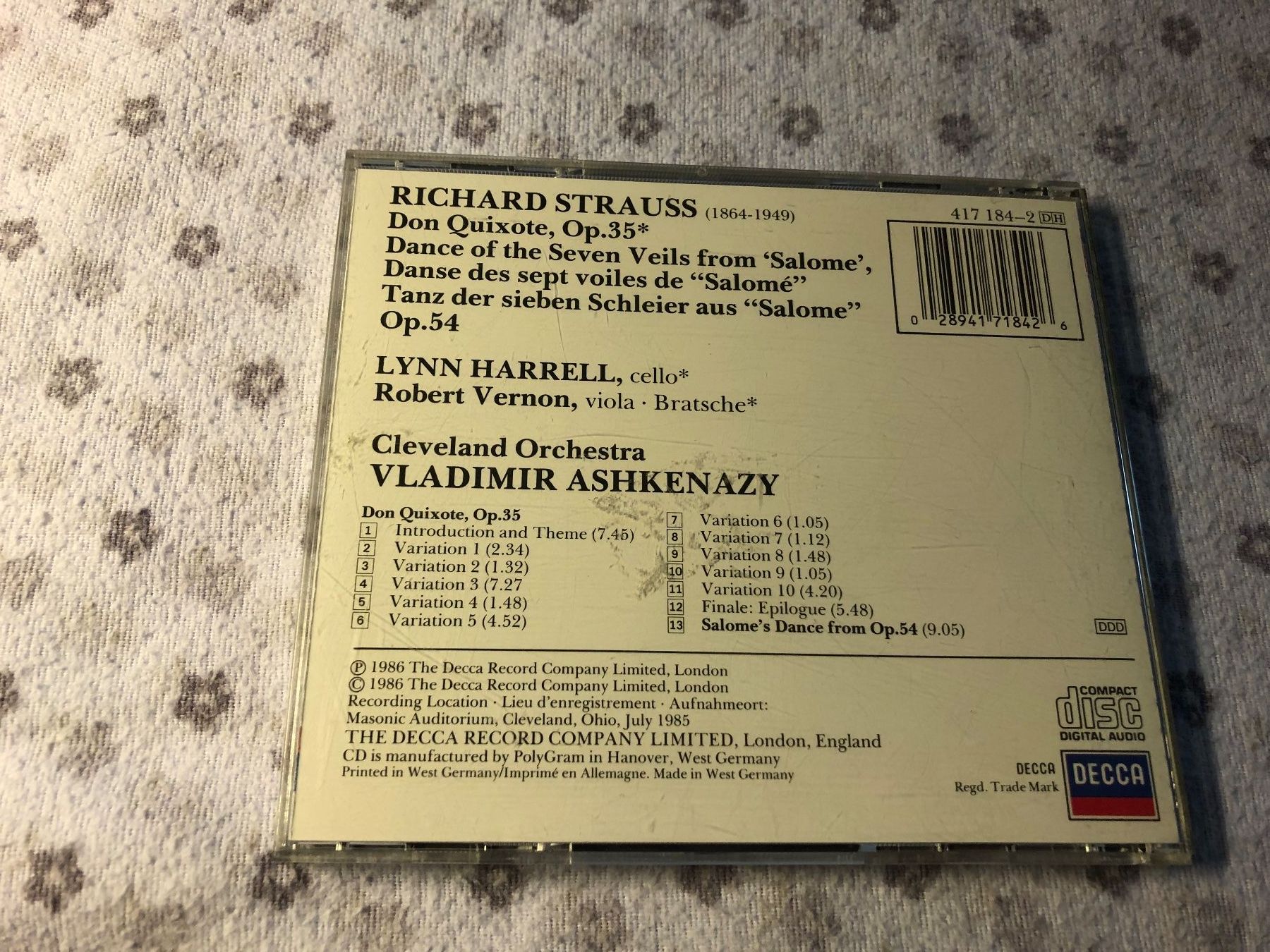 CD: Richard Strauss: Don Quixote CD Ashkenazy DECCA – Usato da Schübelbach venduto da Bemafaja 1