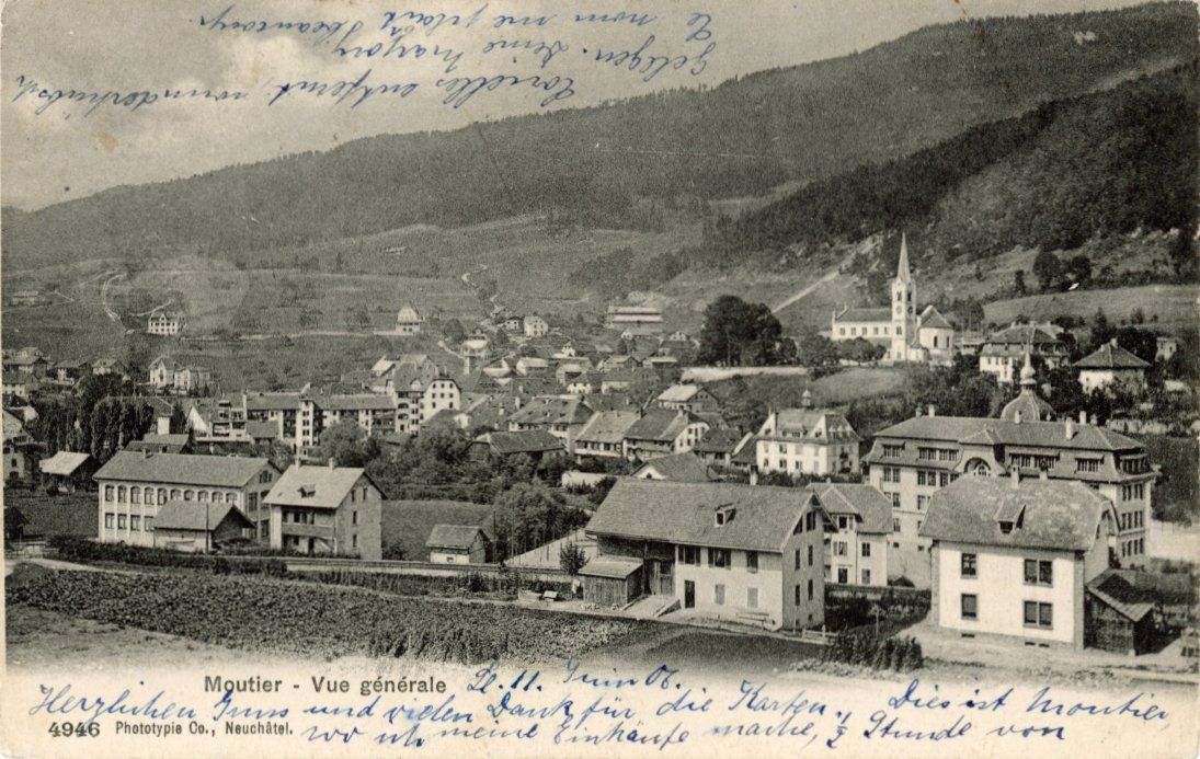 Cartoline postali: Moutier   JU   -    Vue générale        en 1905 – Usato da Brig venduto da Valcards54