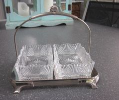 Art Deco Anbietschale Metall mit zwei Glaseinsätzen