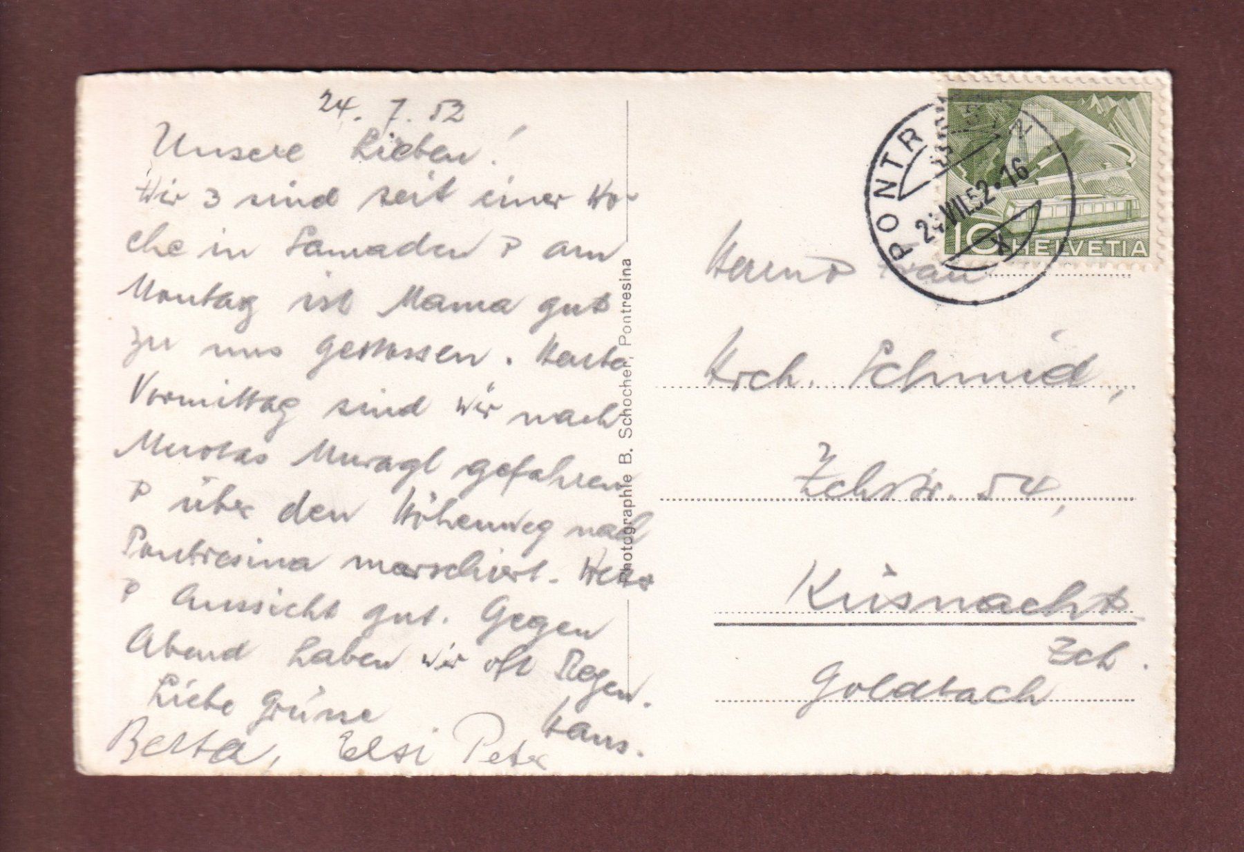 Ansichtskarten: PONTRESINA - 1952 – Gebraucht aus Pully von nicecards-shop 1