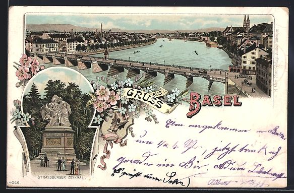 Cartoline postali: Litho Basel, Strassburger Denkmal, Stadt – Usato da Berlin venduto da bartko-reher