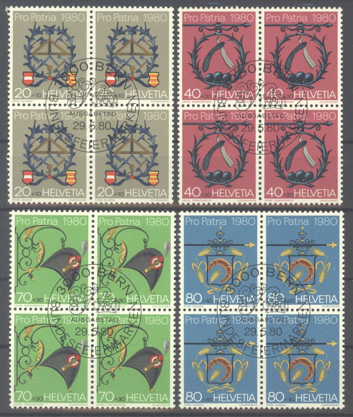 Alle Briefmarken: 1980, Pro Patria, Viererblöcke, ET – Gebraucht aus Willisau von Vollstempel