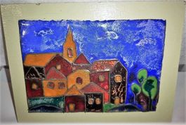 Emalliertes Bild Dorf mit Kirche