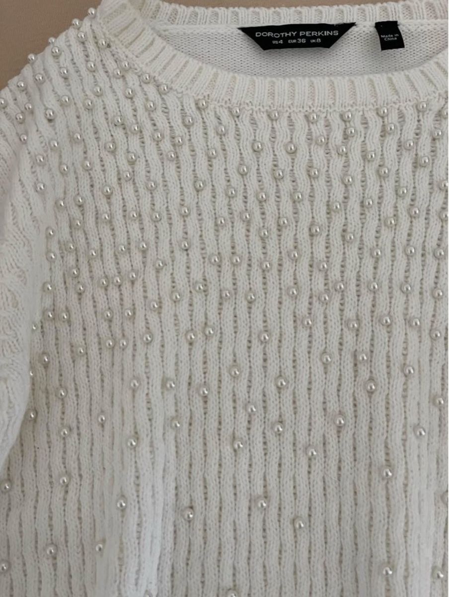 Dorothy Perkins Maglioni & Felpe: Dorothy Perkins Strickpullover, Gr. 36, Weiss mit Perlen – Usato da Burgdorf venduto da lin_g59z