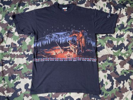 Vintage 90s T-Shirt Cow-Boy Wolf Double AOP Print Sz L