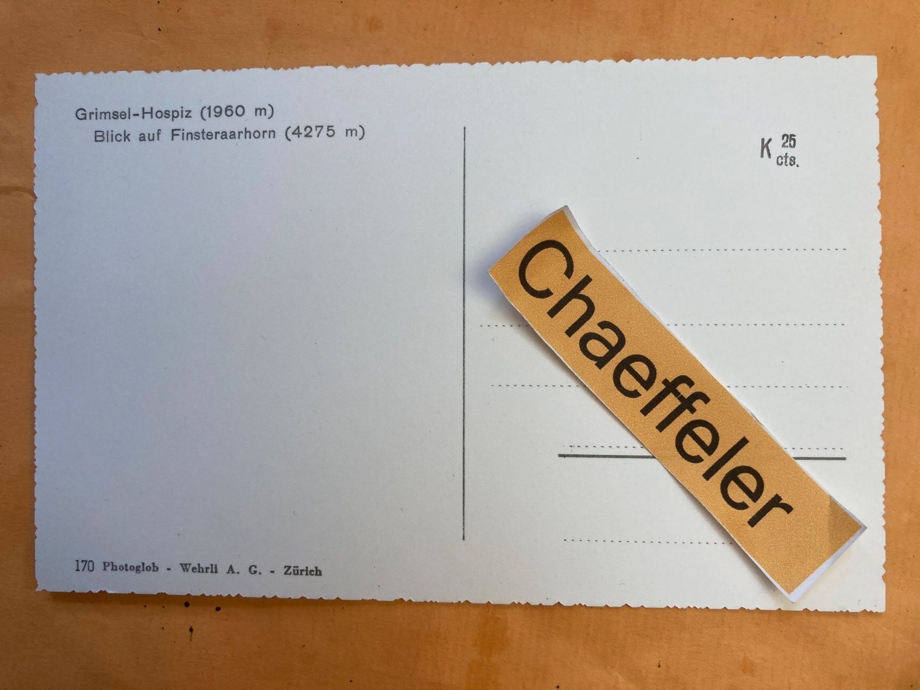 Cartoline postali: Grimsel-Hospiz. Blick auf Finsteraaehorn – Usato da Zürich venduto da Chaeffeler 1